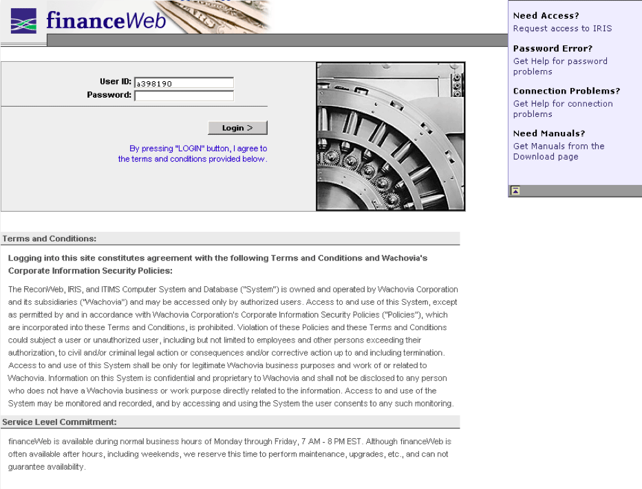 FinanceWeb Login form